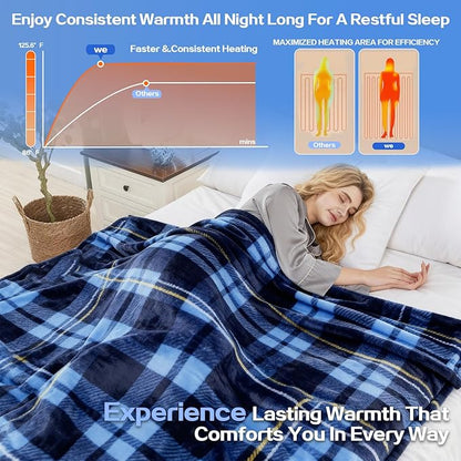 Electric Blanket Heated Queen, Soft Flannel 90"x84" Plaid Heating Blanket with 8 Hours Auto Off 10 Fast Heating Levels Machine Washable Sherpa Heated Blanket with Overheating Protection