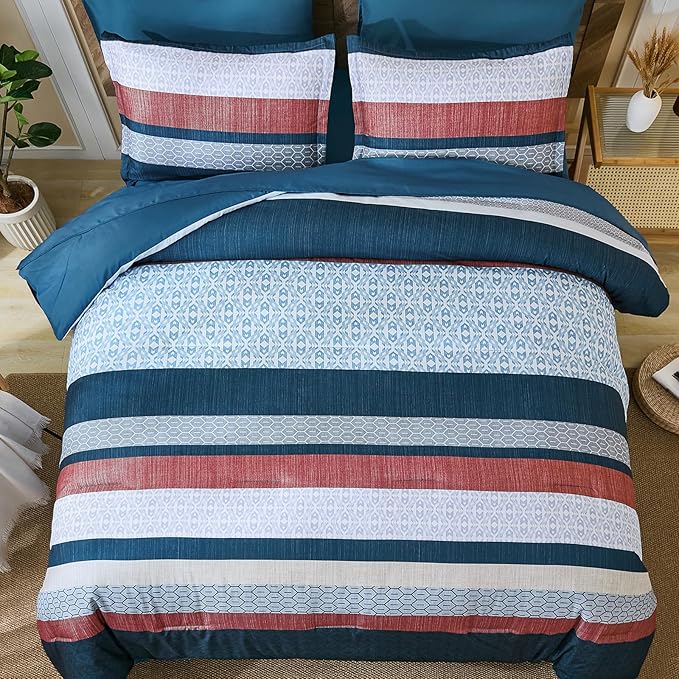 DJY Blue Comforter Set Queen Size,Boho Striped Queen Bed Set,7 Piece Patchwork Soft Microfiber Bedding Set for All Season(90"×90")