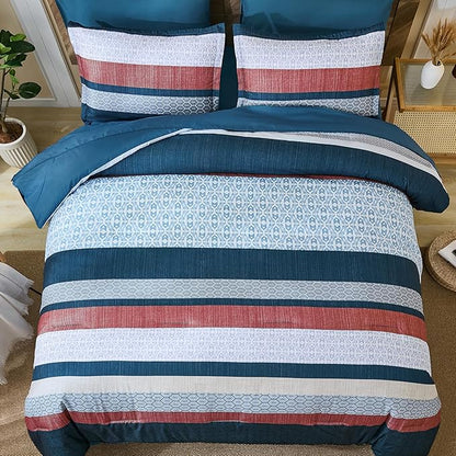 DJY Blue Comforter Set King Size,Boho Striped Bedding Sets Bed in a Bag,7 Pieces Soft Microfiber Bedding Set for All Season(104"×90")