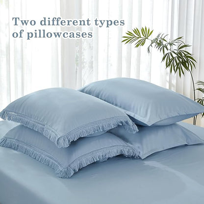 Andency Queen Comforter Set with Sheets Grayish Blue -7 Pieces Boho Tassel Bed in a Bag Soft Lightweight Bedding Sets, All Season Fringe Bed Set with Comforter, Sheets, Pillowcases & Shams