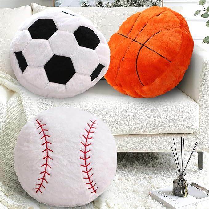 Baseball Pillow, Soft Fluffy Baseball Plush Pillow Round Stuffed Sports Throw Pillows, Baseball Shaped Decorative Throw Pillow for Sofa, Bedroom, Sports Room, Home Decor Gifts 15.7"