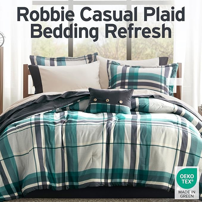 Intelligent Design Robbie 9-Piece Twin Comforter Set – Lightweight All-Season Plaid Bedding, Teal/Black, Cozy Bed-in-a-Bag with Matching Shams & Decorative Pillow, Modern Casual Style