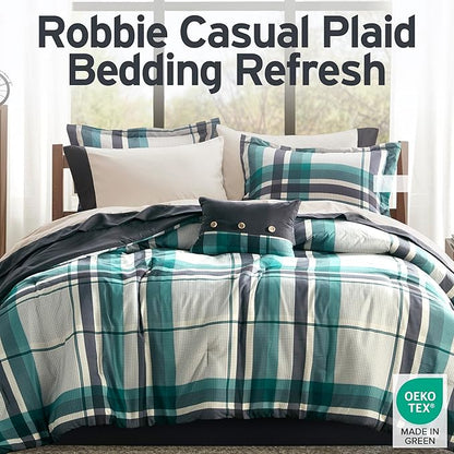 Intelligent Design Robbie 9-Piece Twin Comforter Set – Lightweight All-Season Plaid Bedding, Teal/Black, Cozy Bed-in-a-Bag with Matching Shams & Decorative Pillow, Modern Casual Style