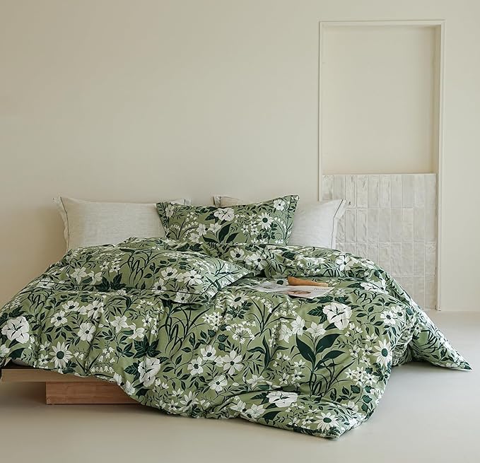 Cotton King Size Comforter Set, 3Pcs Garden Style Green Flower Print Botanical Comforter for All Seasons, Luxury Warmth Breathable Bedding Set with 1 Lightweight Comforter and 2 Pillow Shams