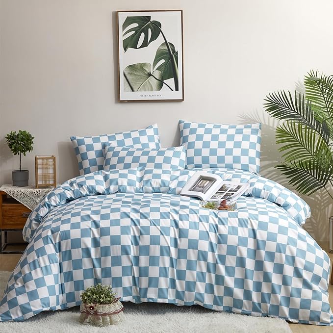 karever Blue White Grid Comforter Set King Blue Plaid Bedding Set Women Blue and White Checkered Bed Comforter Set Breathable Blanket Set Men Durable Bedding Comforter Set,King(104''* 90'')