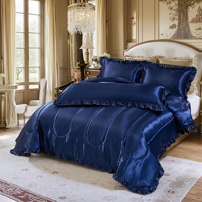 Satin Queen Comforter Silk Like Bedding 4 Pcs Hotel Soft Polyester Navy Blue Bed Set Luxury Silky Body Pillow Cover Ruffle Home Decor