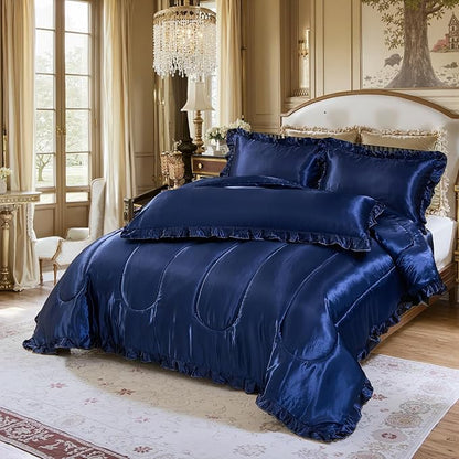Satin Queen Comforter Silk Like Bedding 4 Pcs Hotel Soft Polyester Navy Blue Bed Set Luxury Silky Body Pillow Cover Ruffle Home Decor