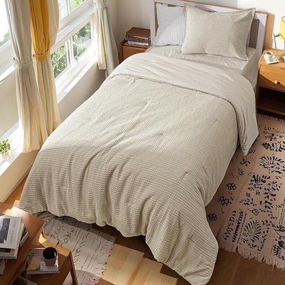 PHF Soft Waffle Comforter Set Twin Size- Comfy Breathable Waffle Weave Comforter with 1 Pillow Shams, 2 Pieces Less Snagging Lightweight Textured Bedding Set for All Season, Natural/Linen
