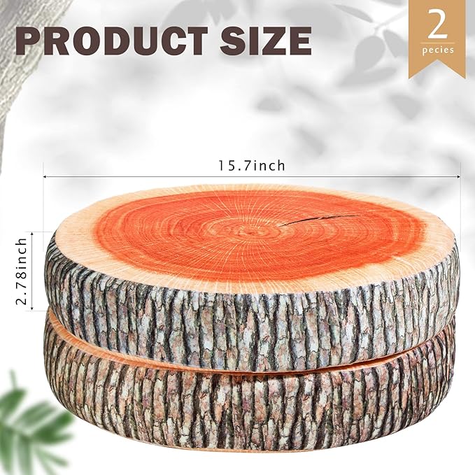 Queekay 2 Pcs Round Throw Pillow Decorative Wood Slice Floor Cushion 3D Digital Printing Forest Decor Soft Circle Pillow Cute Stump Camping Memory Foam for Home Chair Bedroom Decor(Vintage)