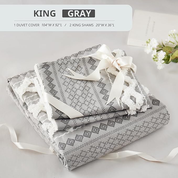INK+IVY Imani 100% Cotton Duvet Mid Century Modern Design, All Season Comforter Cover Bedding Set, Matching Shams, King/Cal King, Gray Chenille Tufted Accent 3 Piece