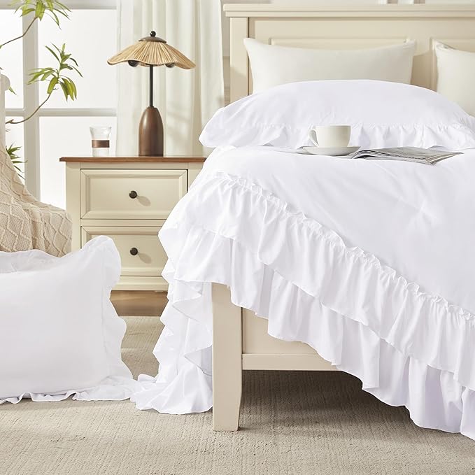 Andency White Ruffle Comforter Full Set, 3pcs Vintage Farmhouse Shabby Chic Bedding Comforter Set, Soft Lightweight Fluffy Bed Comforter Sets All Season Bedding Set