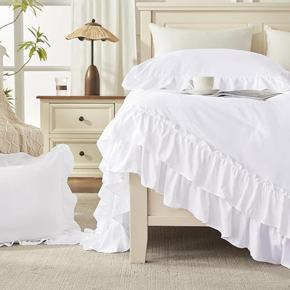 Andency White Ruffle Comforter Full Set, 3pcs Vintage Farmhouse Shabby Chic Bedding Comforter Set, Soft Lightweight Fluffy Bed Comforter Sets All Season Bedding Set