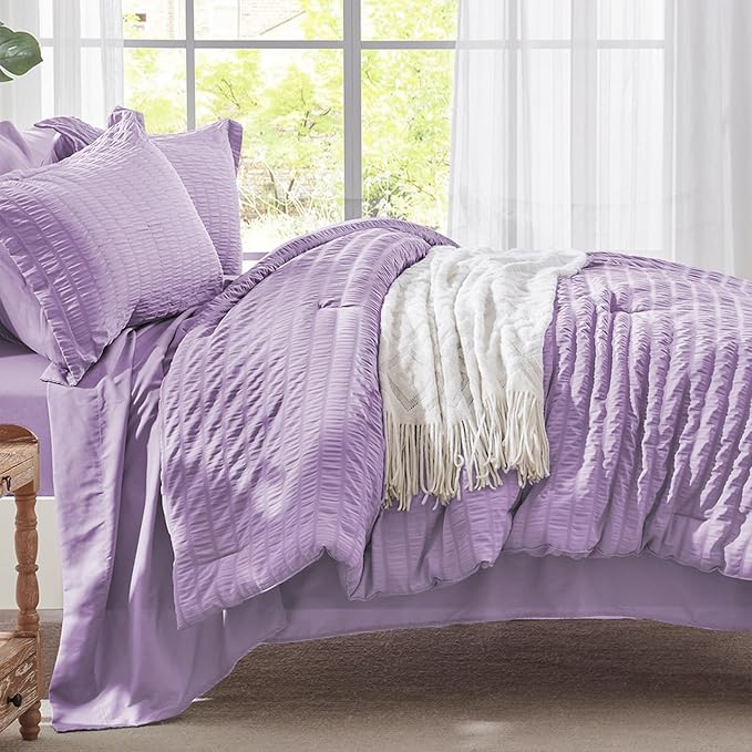 Zzlpp Full Comforter Set 7 Pieces, Light Purple Seersucker Bed in a Bag with Comforter, Pillow Shams, Pillowcases, Flat Sheet, Fitted Sheet