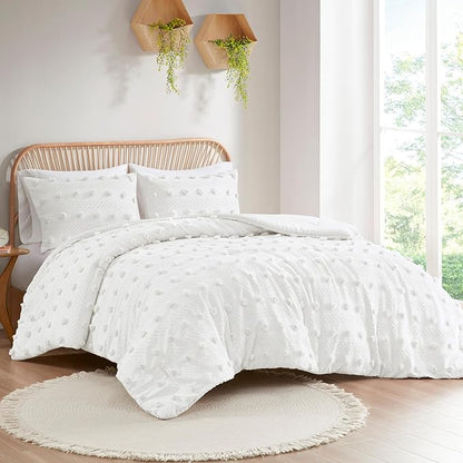 Intelligent Design Twin Duvet Cover Set, Clipped Jacquard Duvet Set Chic Pompoms Accent, All Seasons Lightweight Microfiber Bed Cover for Comforter with 1 Sham, Lucy, Twin/Twin XL Ivory 2 Piece