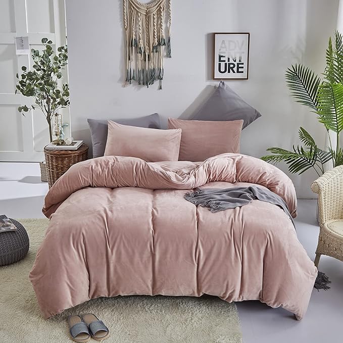 Pureant Pink Velvet Comforter Sets Full Women Girls Blush Pink Fluffy Bedding Comforters Adults Teens Cute Winter Quilts Solid Light Red Flannel Quilt Micromink Sherpa Plush Bed