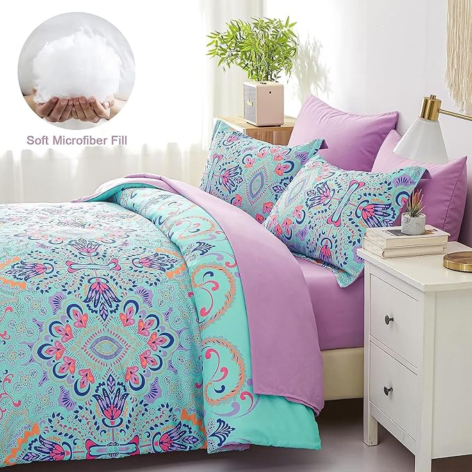Twin Comforter Set, 5 Piece Bed in a Bag, Boho Aqua and Lilac Damask Medallion Print Comforter with Sheets, Soft Microfiber Complete Bedding Set for All Season (Aqua, Twin)