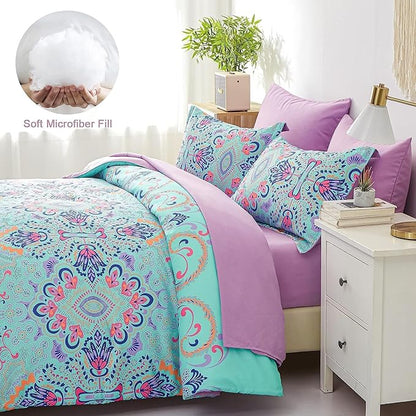 Twin Comforter Set, 5 Piece Bed in a Bag, Boho Aqua and Lilac Damask Medallion Print Comforter with Sheets, Soft Microfiber Complete Bedding Set for All Season (Aqua, Twin)