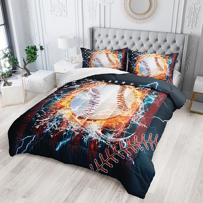 Kids Baseball Comforter Sets King，Bedding Sets 3PCS for Kids,Sports Theme Bedding Sets Sets All Season 1 Comforter and 2 Pillowcases
