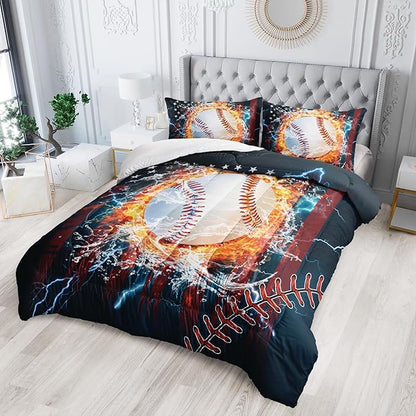 Kids Baseball Comforter Sets King，Bedding Sets 3PCS for Kids,Sports Theme Bedding Sets Sets All Season 1 Comforter and 2 Pillowcases