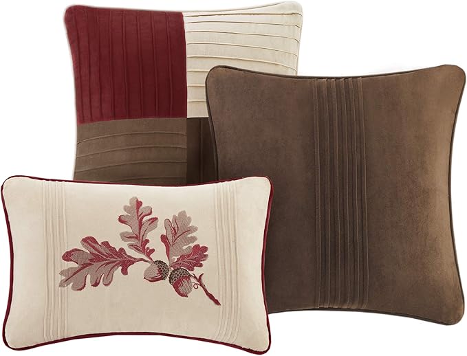 Madison Park Cozy Comforter Set Casual Blocks Design All Season, Matching Bed Skirt, Decorative Pillows, Queen(90"x90"), Red Brown, 7 Piece