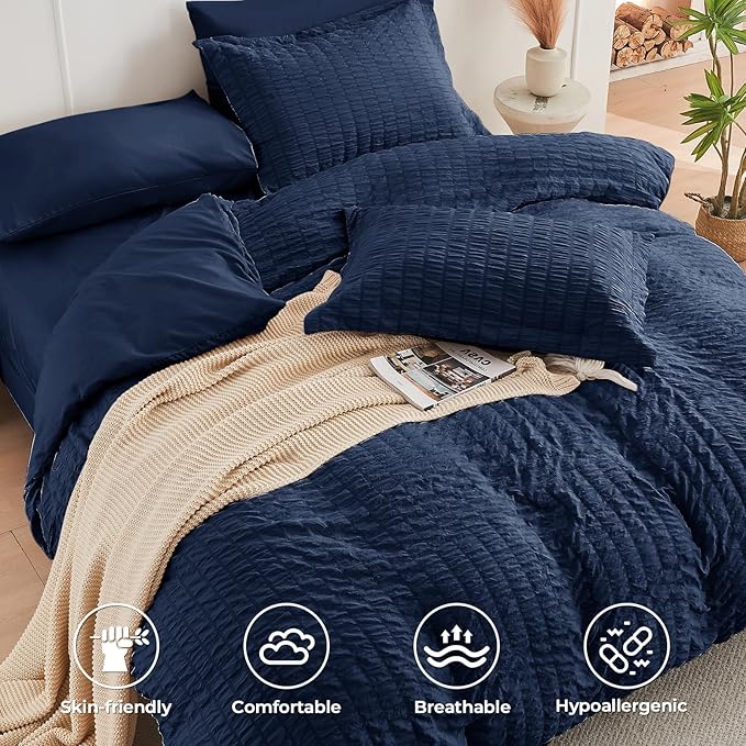 HYMOKEGE Navy Blue Twin Comforter Set Seersucker 5 Pieces, All Season Luxury Bed in a Bag for Bedroom, Bedding Set with Comforters, Sheets, Pillowcase & Sham