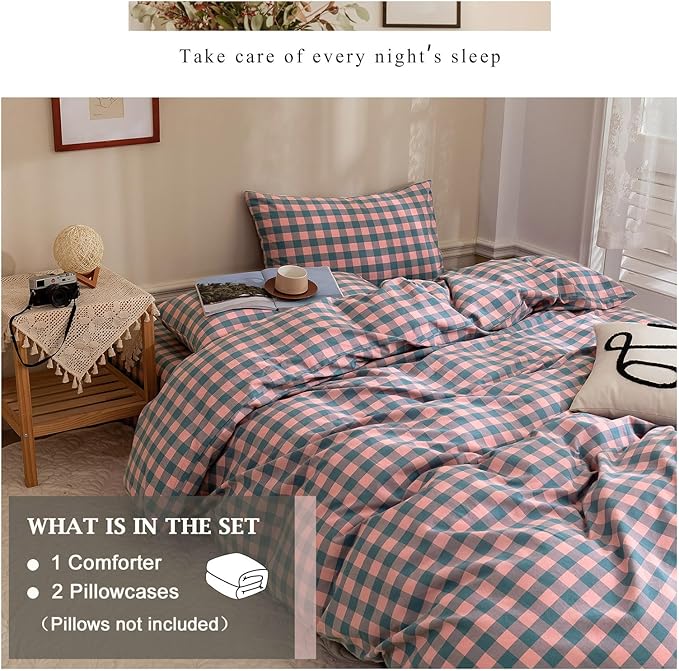 VM VOUGEMARKET Pink Plaid Comforter Set Full Blue Grid Gingham Down Comforter with 2 Pillowcases,Washed Cotton Modern Cozy Bedding Quilt Set for Teen Girls 80"x90"