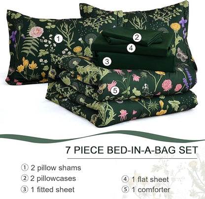 Yiran Queen Comforter Set 7 Piece, Dark Green Floral Bedding Set, Bed in a Bag Queen with Botanical Flowers Patterns, Soft Lightweight Complete Comforters with Sheets for All Season