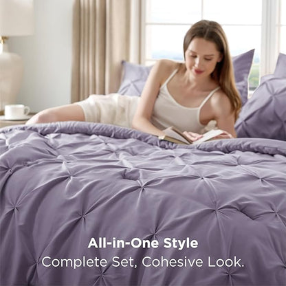 Bedsure Twin Comforter Set Grayish Purple - Bed in a Bag Twin Size Bedding 5 Pieces, GentleSoft™ Pintuck Bed Set Gift for Family, Pinch Pleat Grayish Purple Comforter with Sheets, Pillowcase & Sham