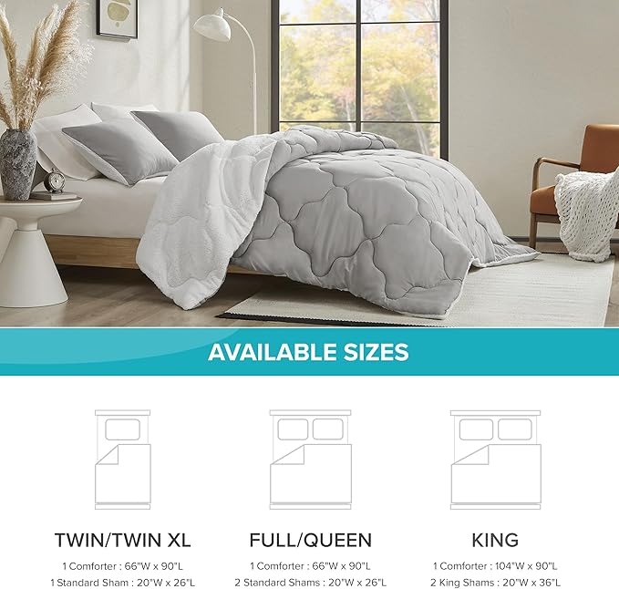 Comfort Spaces Comforter Set, Chic Reversible Quatrefoil Quilting, Sherpa Comforters King, All Seasons, Lightweight Microfiber Bedding Set Matching Sham, Vixie, King Grey/White 3 Piece