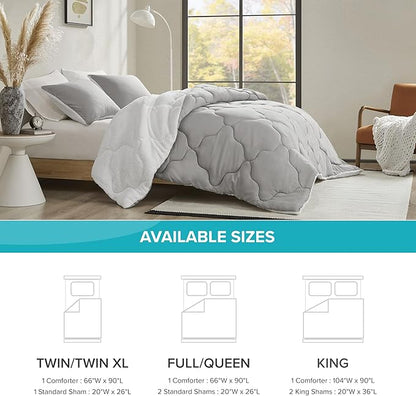 Comfort Spaces Comforter Set, Chic Reversible Quatrefoil Quilting, Sherpa Comforters King, All Seasons, Lightweight Microfiber Bedding Set Matching Sham, Vixie, King Grey/White 3 Piece