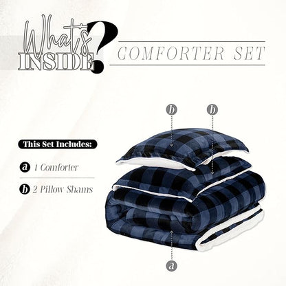 Elegant Comfort 3-Piece Buffalo Lodge-Plaid Comforter Set, Luxurious, Heavyweight, All Season, Down Alternative-Micromink Sherpa-Backing Reversible Micro-Suede, Soft and Plush, King, Blue