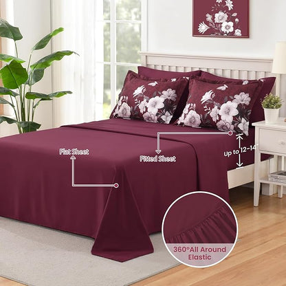 Floral King Size Comforter Set, 7 Pieces Burgundy Bed in a Bag, Elegant Floral Butterfly Comforter and Sheet Set, Soft Microfiber Bedding Sets for All Seasons(Burgundy,104"x90")