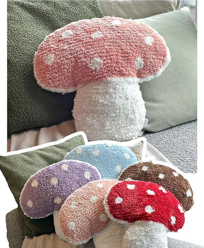 Tufted Mushroom Shape Decorative Cushion - 15' x 15' Mushroom Decor for Bed, Couch, Living Room (Pink)