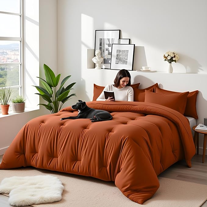 Queen Comforter Set 7 Piece - Soft Bed in a Bag Queen Size Comforter Sets, Cozy Luxury Bedding Sets with All Season Comforter, Flat Sheet, Fitted Sheet,2 Pillowcases & 2 Shams, Orange