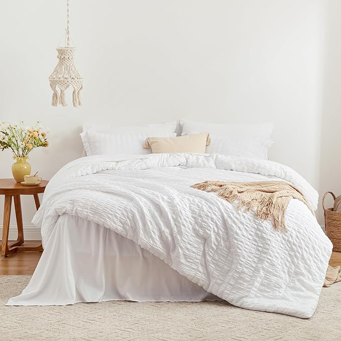 Love's cabin Seersucker White King Size Comforter Set, 7-Piece All Season Lightweight Bed in a Bag Bedding Set with Comforter, Flat Sheet, Fitted Sheet, Pillowcases and Shams | Soft, Breathable, Lightweight