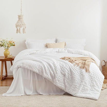 Love's cabin Seersucker White Queen Comforter Set, 7-Piece All Season Lightweight Bed in a Bag Bedding Set with Comforter, Flat Sheet, Fitted Sheet, Pillowcases and Shams | Soft, Breathable, Lightweight
