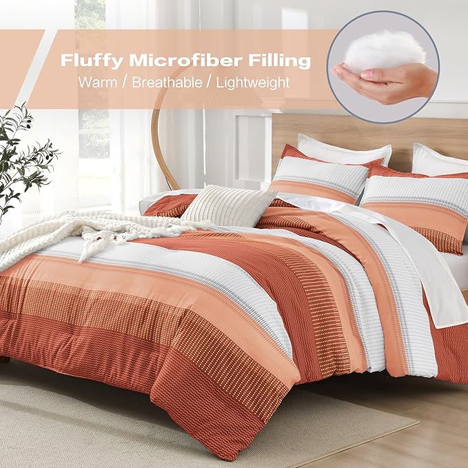 Litanika Burnt Orange Comforter Sets for Queen Bed, 3 Pieces Boho Terracotta Stripe Colorblock Bedding Comforter Set, Rust Fluffy Bed Set (90x90In Comforter, 2 Pillowcases)