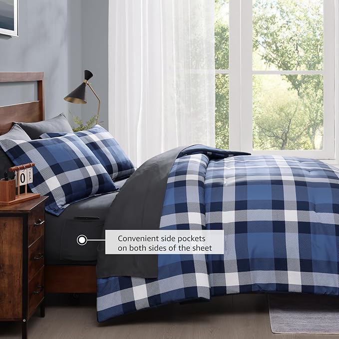MaiRêve Twin XL Plaid Comforter Set Indigo Blue, Classic Checkered 5 Pieces Bedding Set for Boys Girls Teen, All Season Lightweight Bed in A Bag with Sheets, Pillowcases & Shams