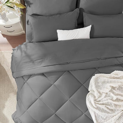 SLEEP ZONE Twin Comforter Set, 7 Pieces Comforter Bed in A Bag, Solid Color All Season Soft Down Alternative Comforter & Luxurious Microfiber Bed Sheets (Grey Square, Twin)