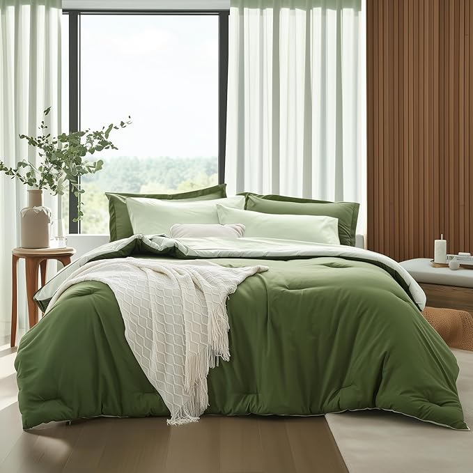 Full Size Comforter Sets 7 Pieces, Dark Green, Reversible Sage Green, Full Bedding Sets, Soft Bed in a Bag Full with Comforter, Sheets, Pillowcases & Shams, All Seasons Boho