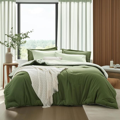 Full Size Comforter Sets 7 Pieces, Dark Green, Reversible Sage Green, Full Bedding Sets, Soft Bed in a Bag Full with Comforter, Sheets, Pillowcases & Shams, All Seasons Boho