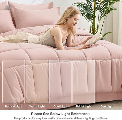 Love's cabin California King Comforter Set Blush Pink, 7 Pieces California King Bed in a Bag, All Season Bedding Sets with 1 Comforter, 1 Flat Sheet, 1 Fitted Sheet, 2 Pillowcase and 2 Pillow Sham