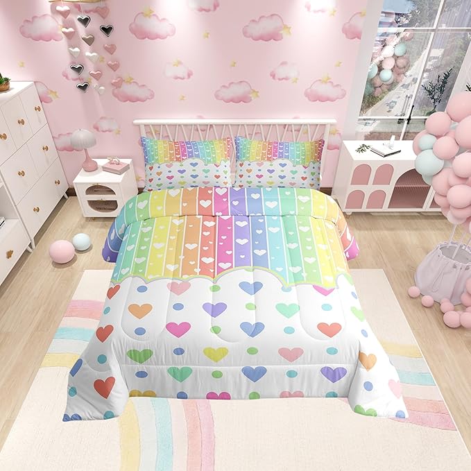 Manfei Cartoon Rainbow Kids Comforter Set Toddler Size,Wave Points Love Heart Dreamy Style Bedding Set,Girls Women Room Decor,Colorful Geometric Stripes Down Comforter,Chic Duvet Insert,1 Pillowcase