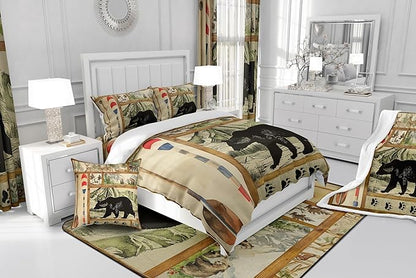 Rustic Farmhouse Comforter Set Full, Retro Hunting Bear Bedding Comforter Sets for Kids Boys, Lake House Decor Bedding for The Home, Cabin Lodge Paddle Decor Down Comforter, Moose Wildlife Duvet Set