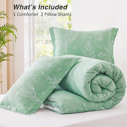 Love's cabin Comforter King Size Set - Sage Green King Comforter Set, 3 Pieces Cute Floral Bedding Sets for All Seasons,1 Soft Reversible Botanical Flowers Comforter and 2 Pillow Shams