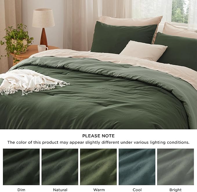 Bedsure Queen Comforter Set, Dark Olive Green Soft Prewashed Bedding for All Seasons, 3 Pieces GentleSoft™ Bed Set, 1 Lightweight Comforter (90"x90") and 2 Pillowcases (20"x26")
