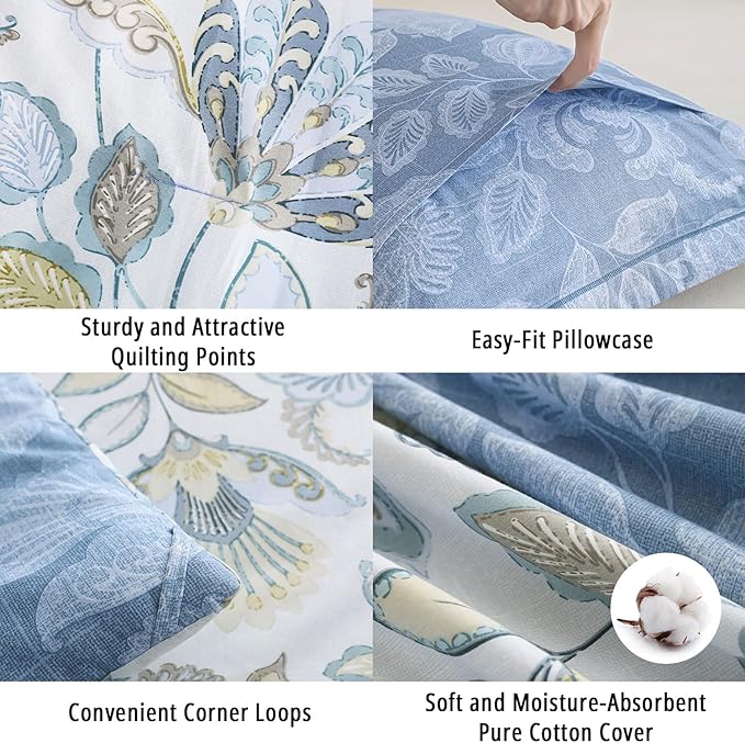 Vintage Botanical Cotton Comforter King Size 3PC - Lavish Floral on Bluish White with Frost Blue Back, Reversible Lightweight Comforter Set with Soft Fill(104"×90")