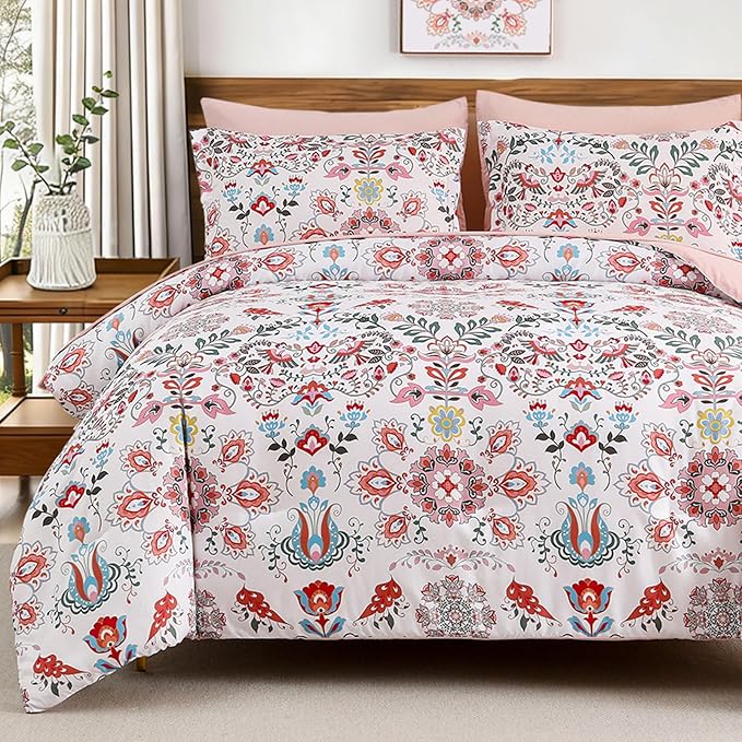Boho Comforter Set Queen - 7 Pieces Bed in a Bag Floral Design, Bohemian Comforter Set with Sheets, Soft Microfiber Complete Bedding Sets All Season (Light Pink, Queen)