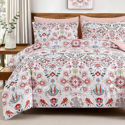 Boho Comforter Set Queen - 7 Pieces Bed in a Bag Floral Design, Bohemian Comforter Set with Sheets, Soft Microfiber Complete Bedding Sets All Season (Light Pink, Queen)