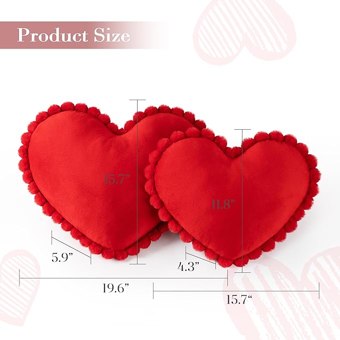 AELS Heart Shaped Pillow, Set of 2, Velvet Throw Pillows, Soft Velvet Love Pillows with Faux Fur Pom Poms, 20 & 16 Inches, Cute Valentines Day Decorations, Wedding Decor, Red